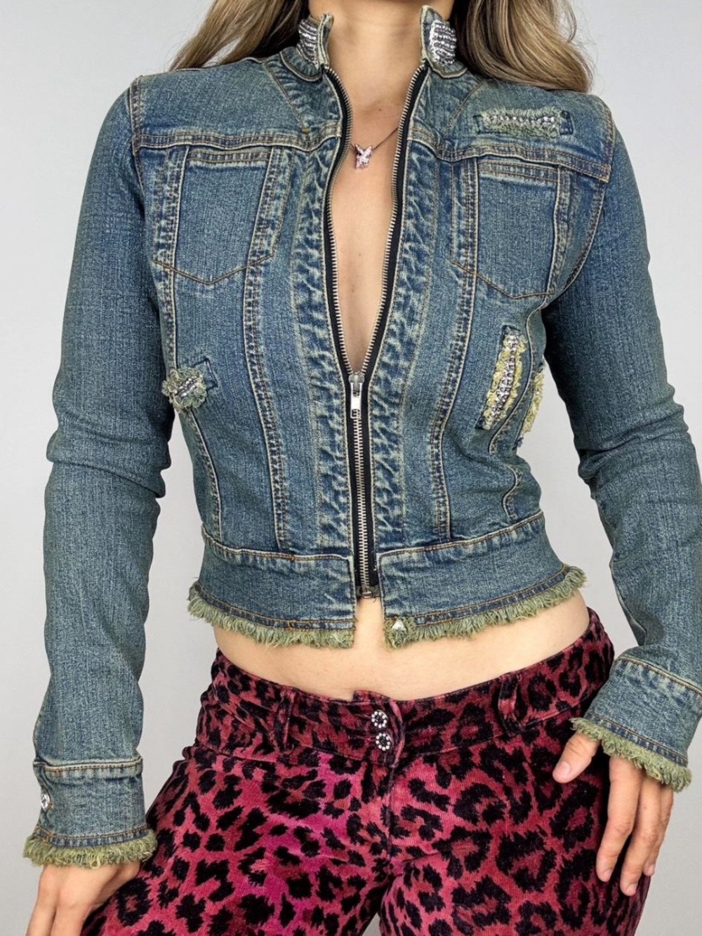 Y2K Dark Blue Denim Jacket Distressed with Rhinestone Accents